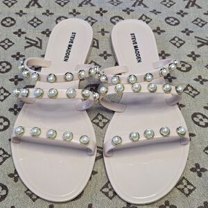 Steve Madden Pink Pearl And Gold-Studded Slide Sandals